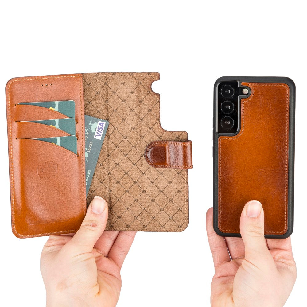 Magic Magnetic Detachable Leather RFID Blocker Wallet Case for Samsung Galaxy S22 (6.1") - EFFECT TAN