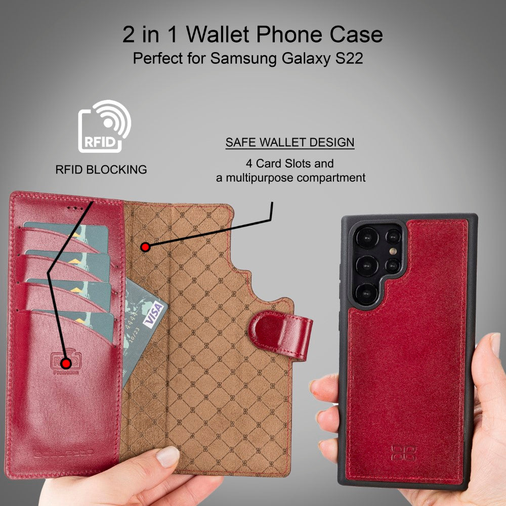 Magic Magnetic Detachable Leather RFID Blocker Wallet Case for Samsung Galaxy S22 Ultra (6.8") - RED