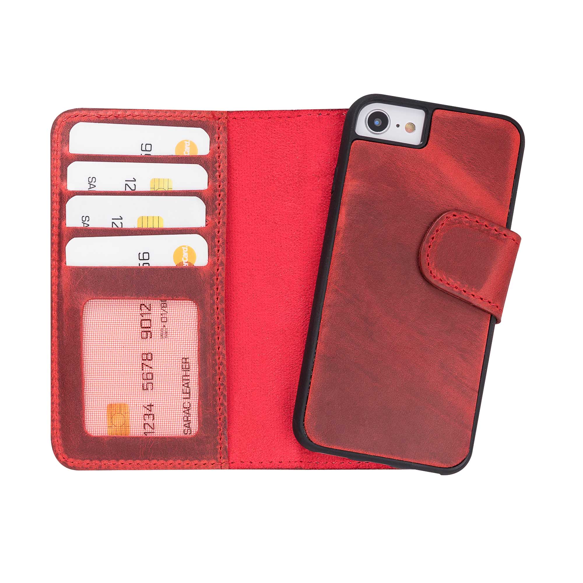 Liluri Magnetic Detachable Leather Wallet Case for iPhone SE 2020 / 8 / 7 (4.7") - RED - saracleather