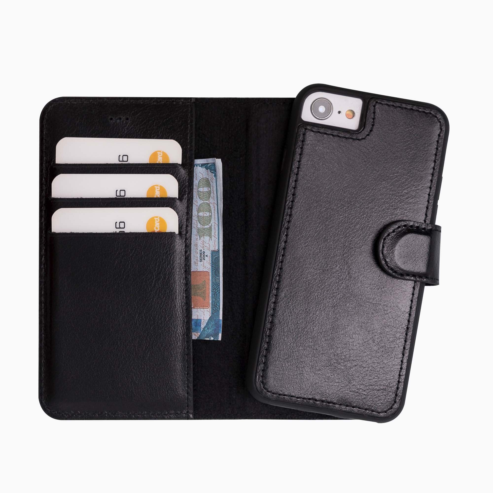 Magic Magnetic Detachable Leather Wallet Case for iPhone SE 2020 / 8 / 7 (4.7") - BLACK - saracleather