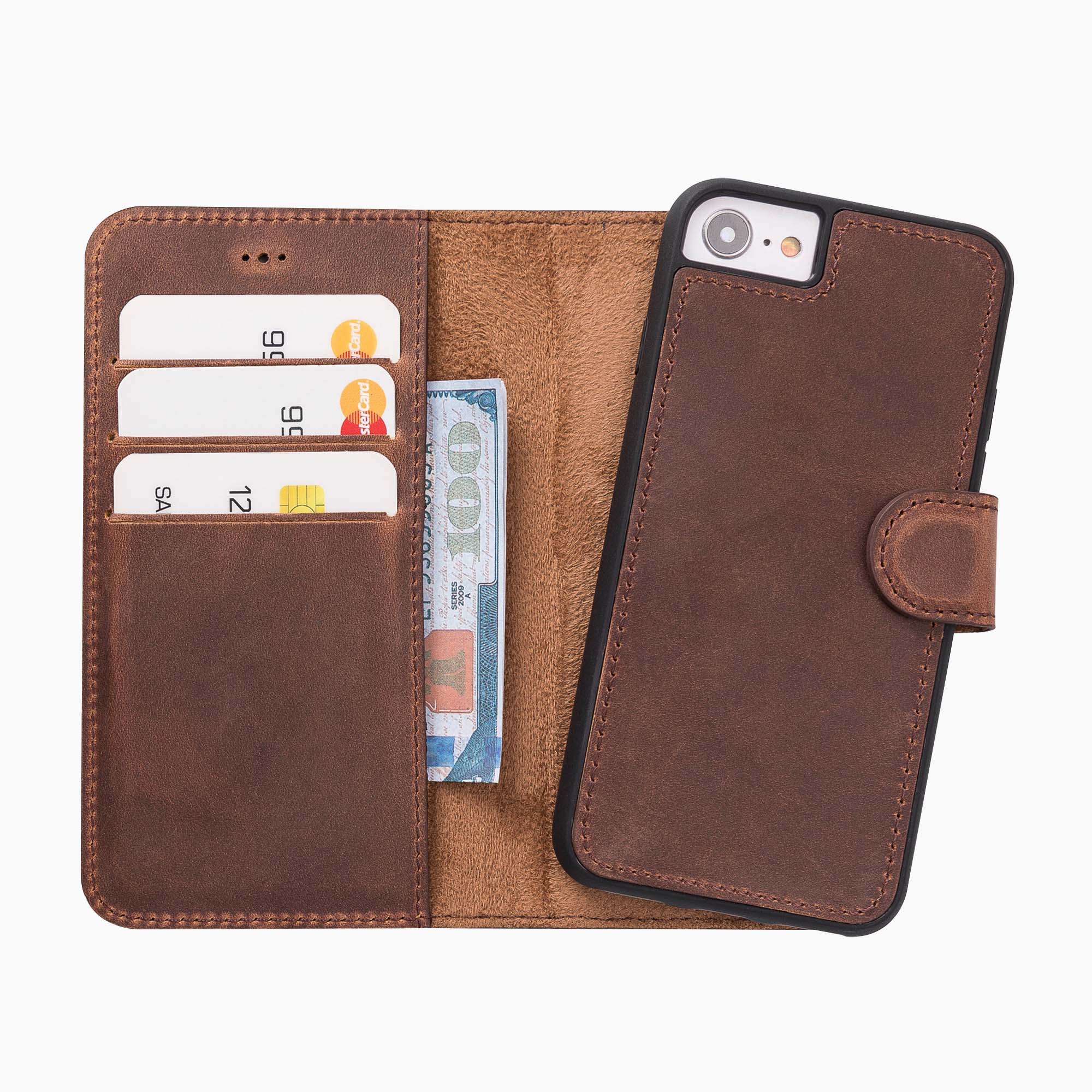 Magic Magnetic Detachable Leather Wallet Case for iPhone SE 2020 / 8 / 7 (4.7") - BROWN - saracleather