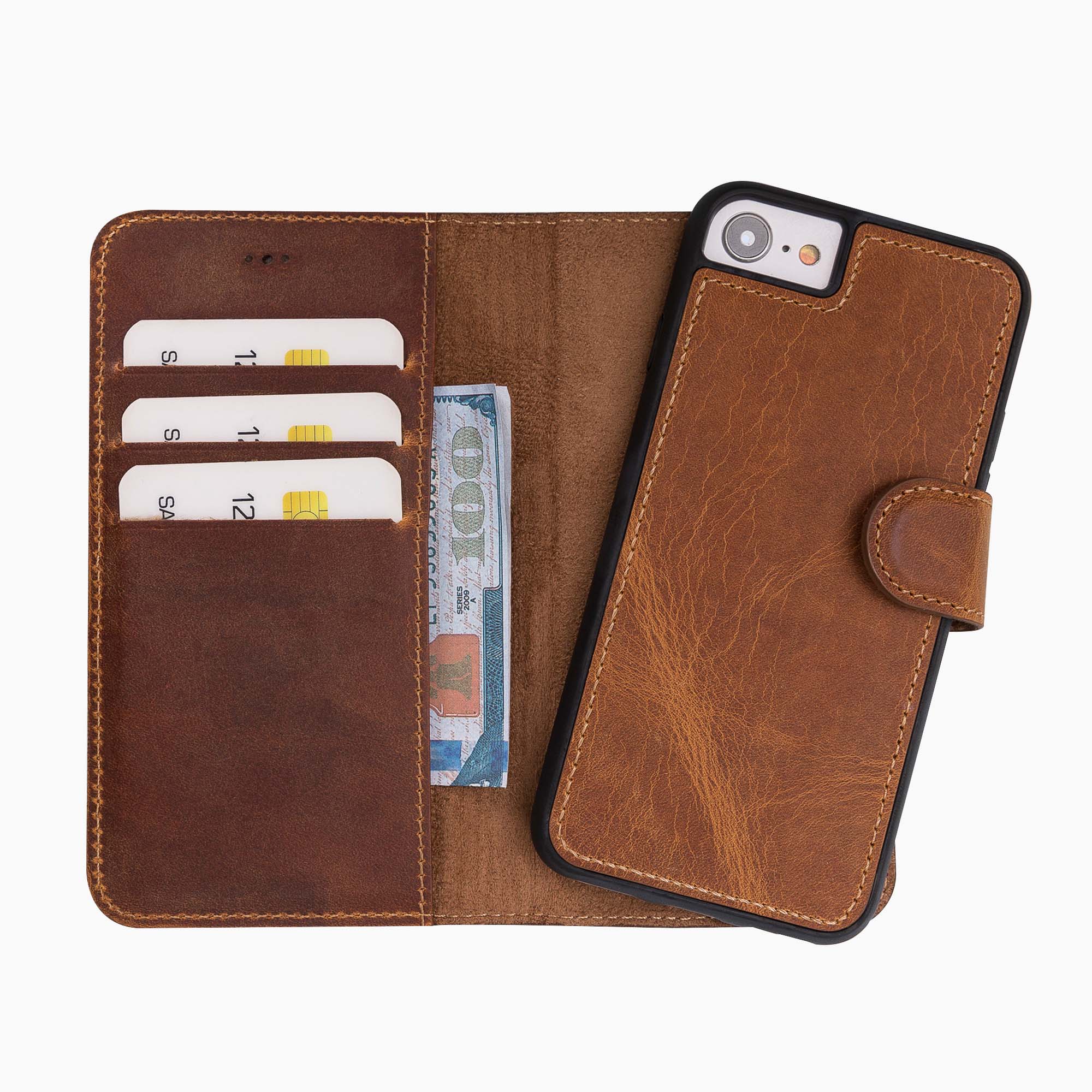 Magic Magnetic Detachable Leather Wallet Case for iPhone SE 2020 / 8 / 7 (4.7") - TAN - saracleather