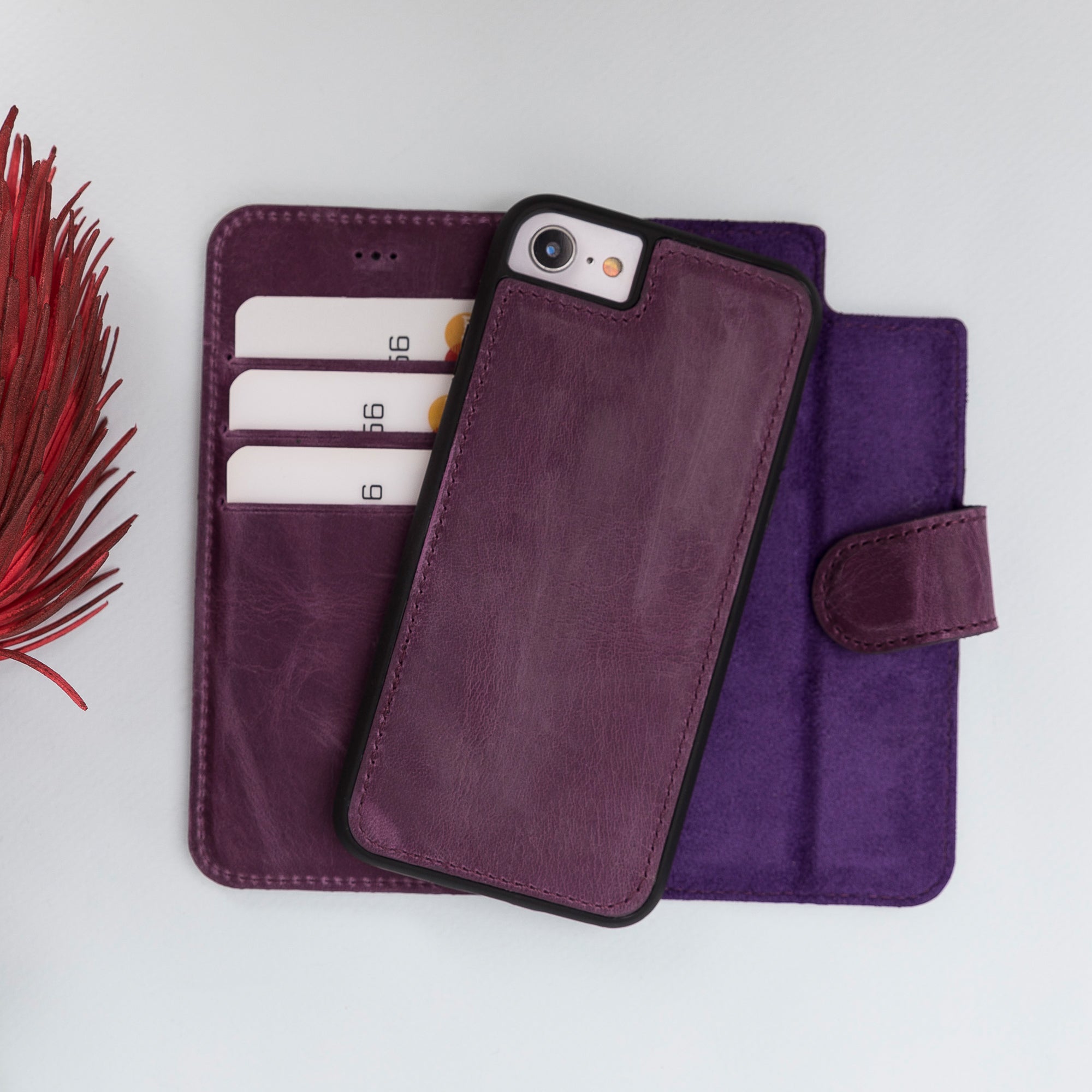 Magic Magnetic Detachable Leather Wallet Case for iPhone SE 2020 / 8 / 7 (4.7") - PURPLE - saracleather