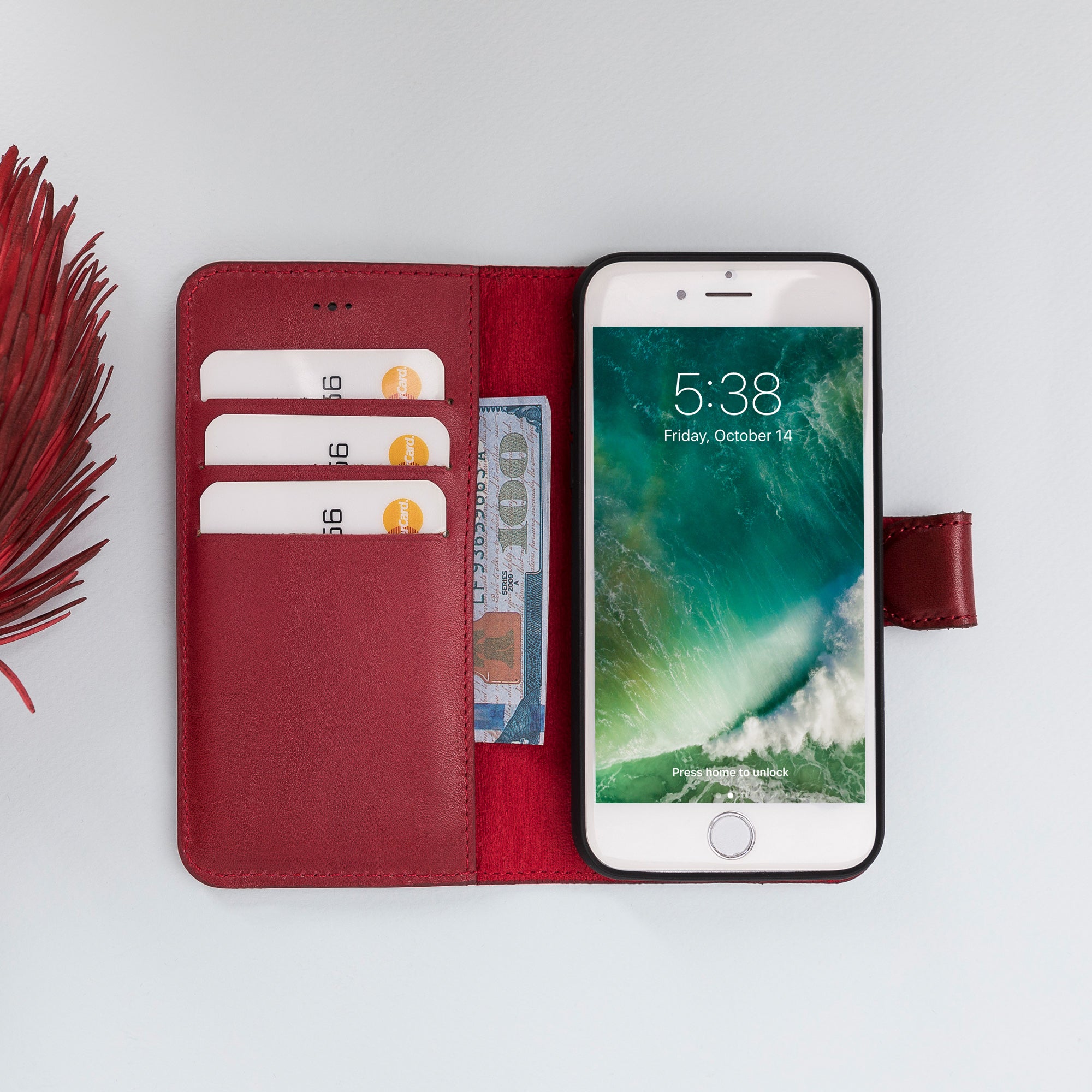 Magic Magnetic Detachable Leather Wallet Case for iPhone SE 2020 / 8 / 7 (4.7") - RED - saracleather