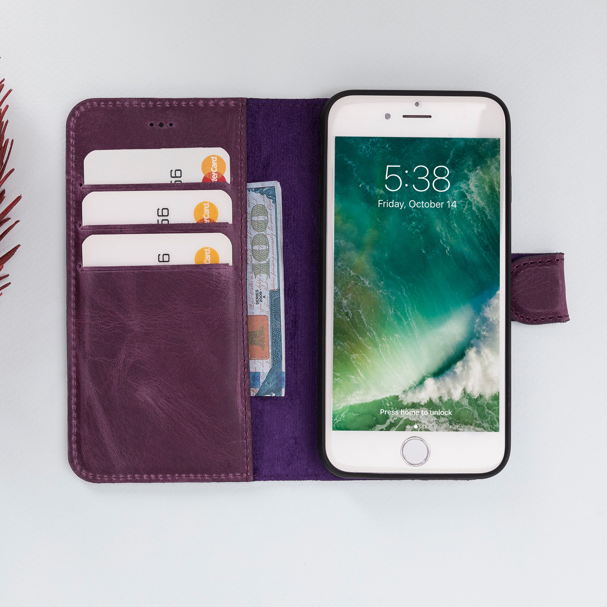 Magic Magnetic Detachable Leather Wallet Case for iPhone SE 2020 / 8 / 7 (4.7") - PURPLE - saracleather