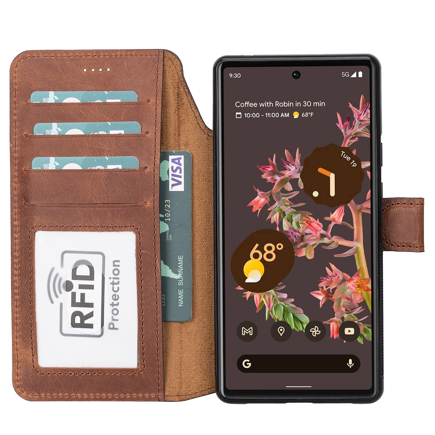 Magic Magnetic Detachable Leather RFID Blocker Wallet Case for Google Pixel 6 (6.4") - BROWN