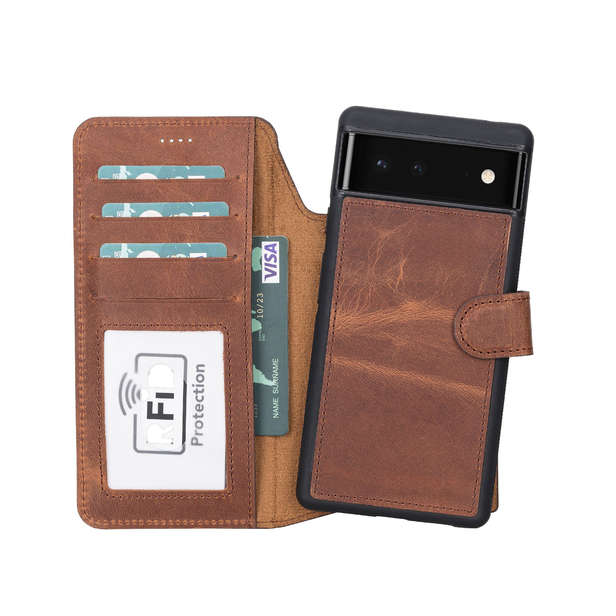 Magic Magnetic Detachable Leather RFID Blocker Wallet Case for Google Pixel 6 (6.4") - BROWN