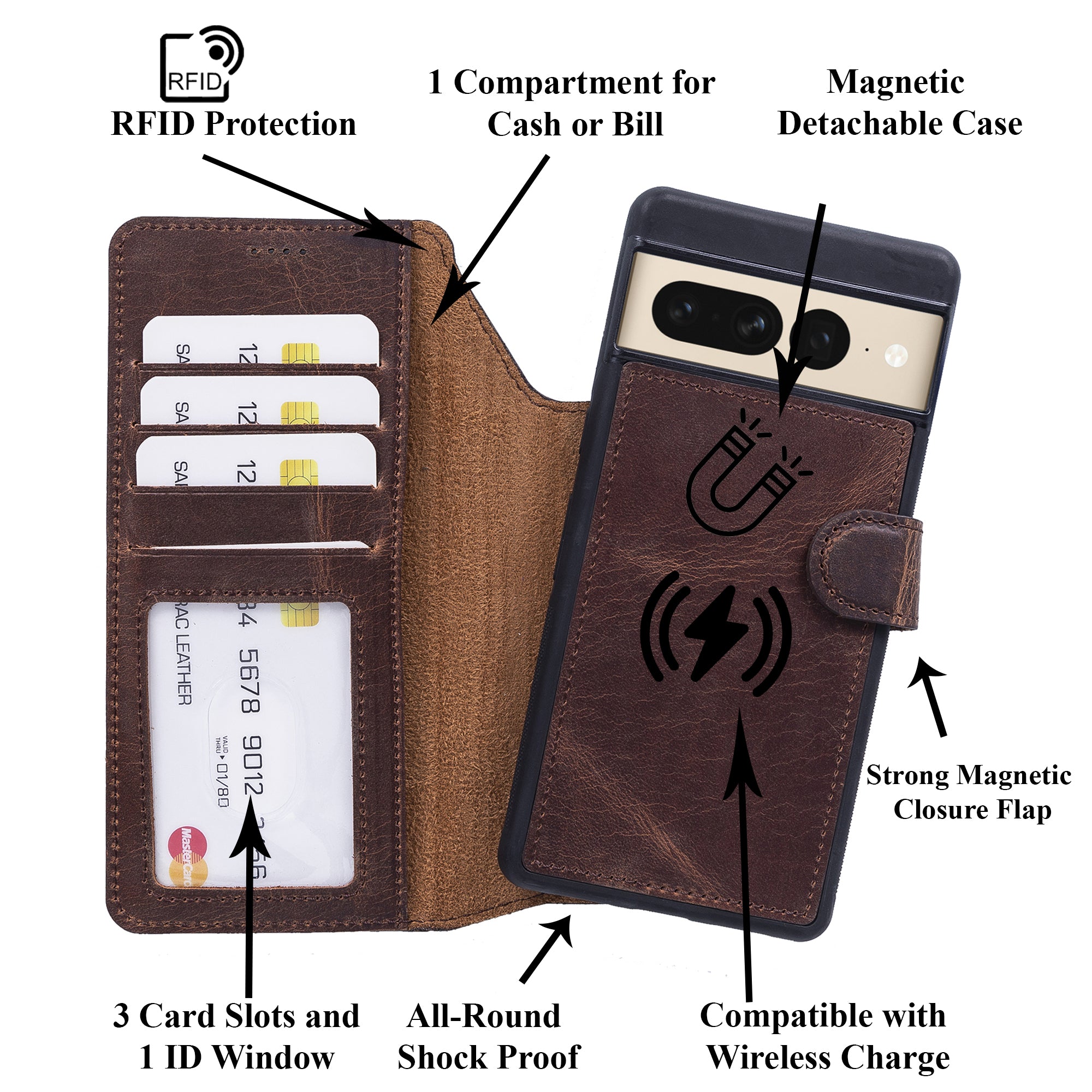 Magic Magnetic Detachable Leather RFID Blocker Wallet Case for Google Pixel 7 Pro (6.7") - BROWN