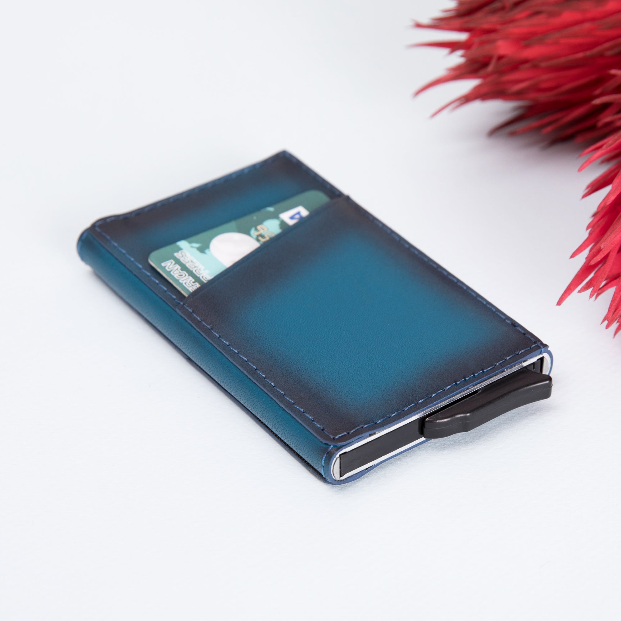 Torres RFID Blocker Mechanism Pop Up Leather Business / Credit Card Holder - BLUE - saracleather