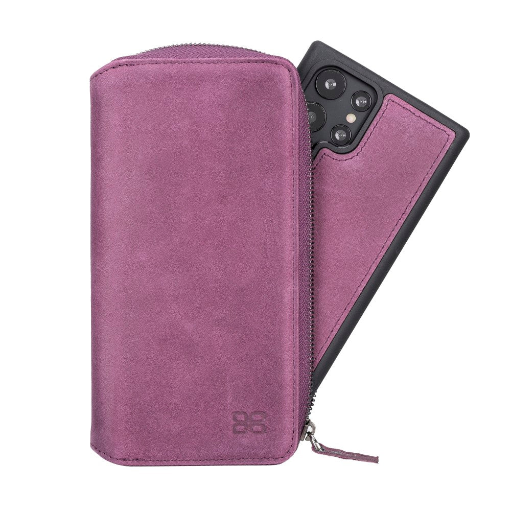 Pouch Magnetic Detachable Leather Wallet Case with RFID for Samsung Galaxy S22 Ultra (6.8") - PURPLE