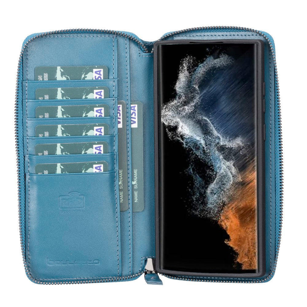 Pouch Magnetic Detachable Leather Wallet Case with RFID for Samsung Galaxy S22 Ultra (6.8") - BLUE