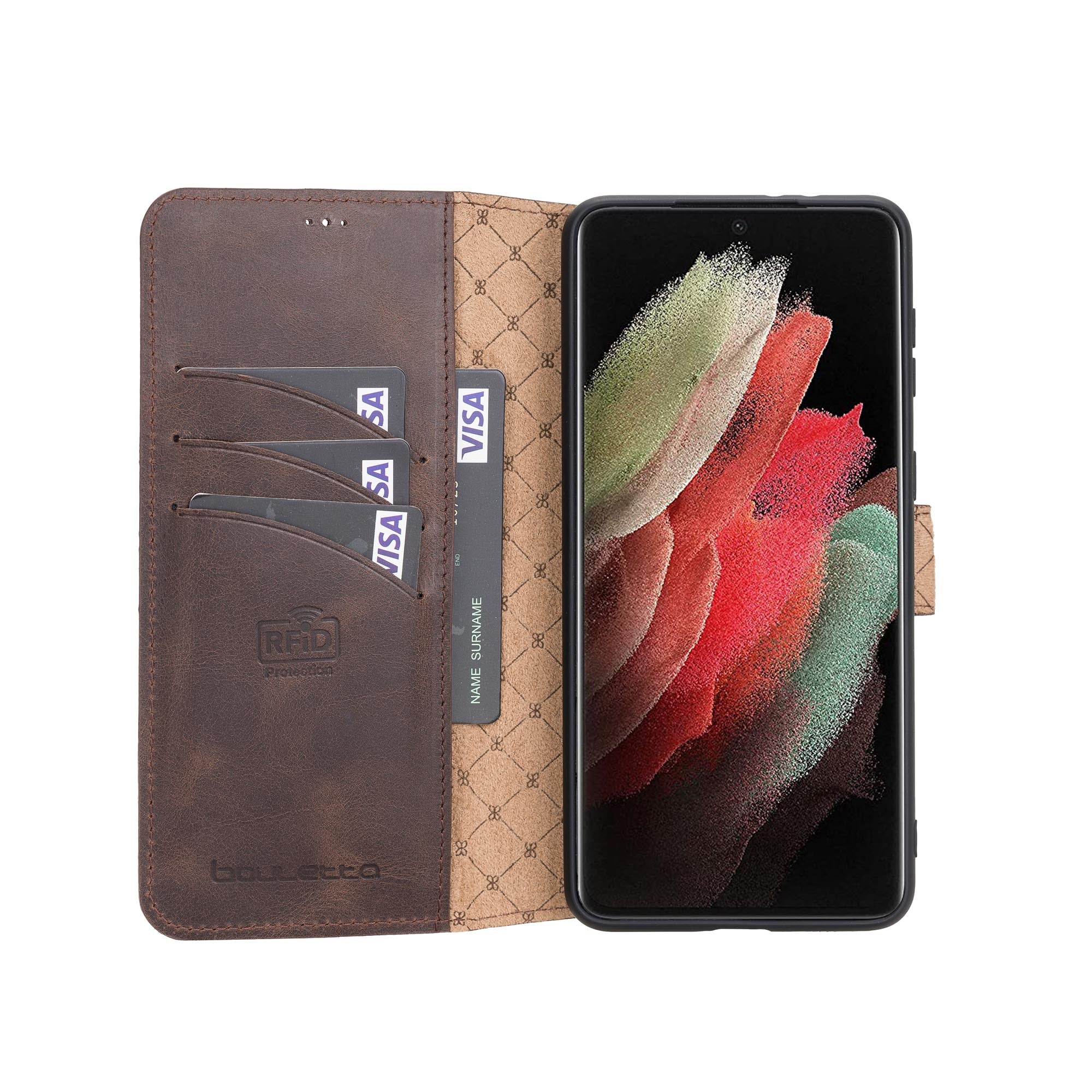 Wallet Folio Leather Case with RFID for Samsung Galaxy S21 5G (6.2") - BROWN - saracleather