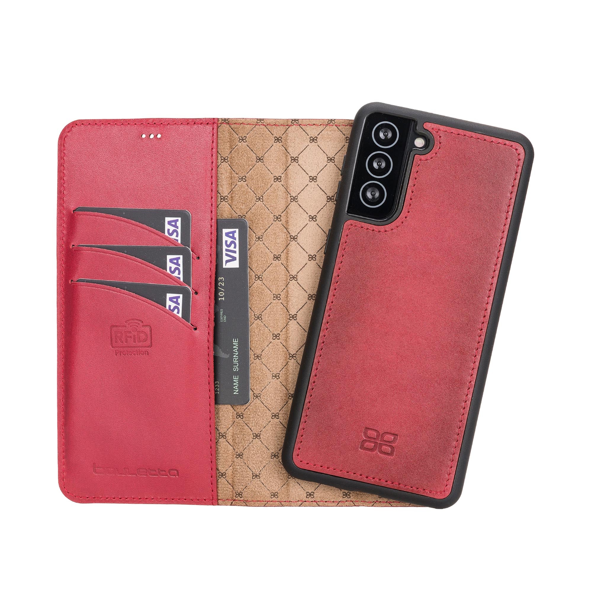 Magic Magnetic Detachable Leather Wallet Case with RFID for Samsung Galaxy S21 Plus 5G (6.7") - RED - saracleather