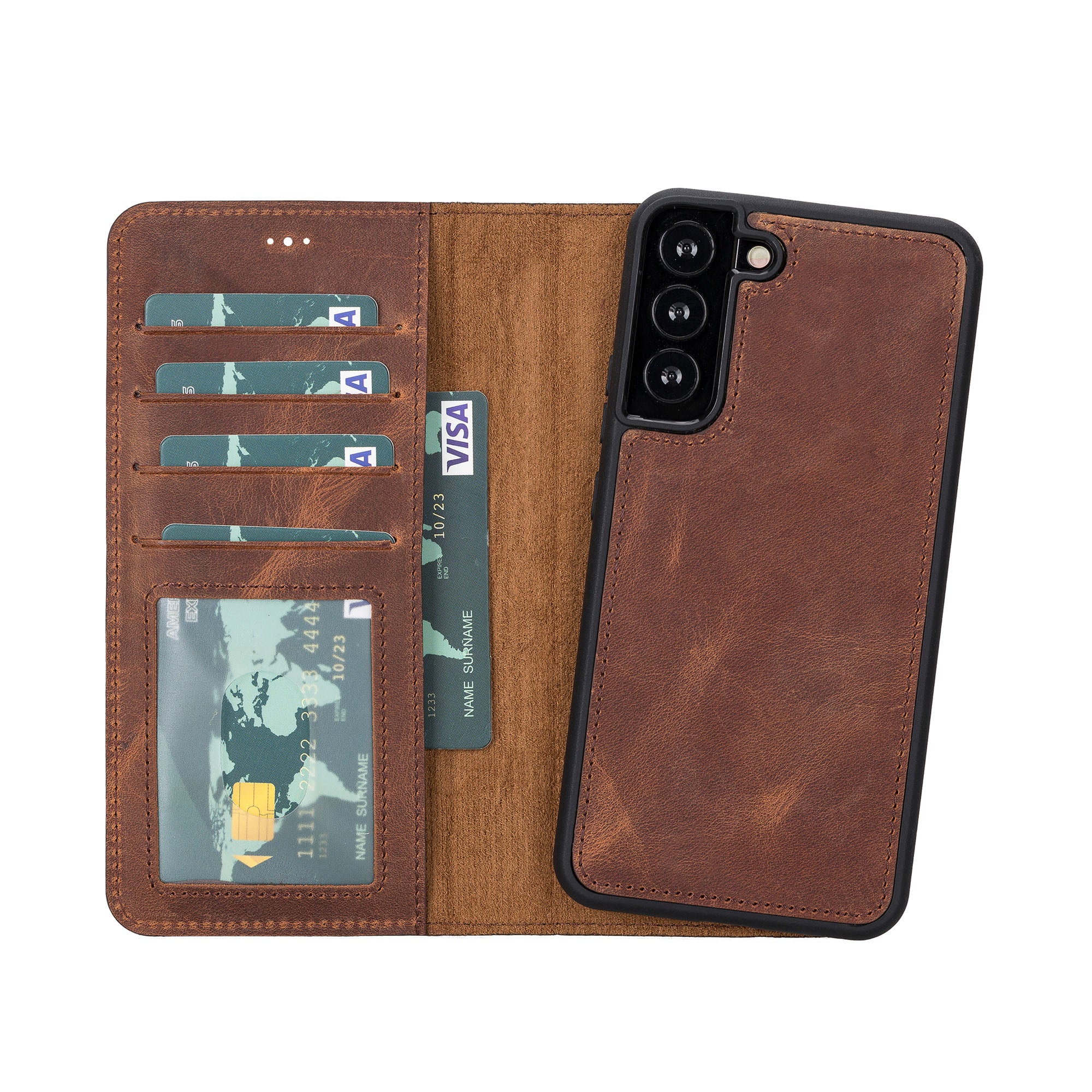 Magic Magnetic Detachable Leather RFID Blocker Wallet Case for Samsung Galaxy S22 (6.1") - BROWN