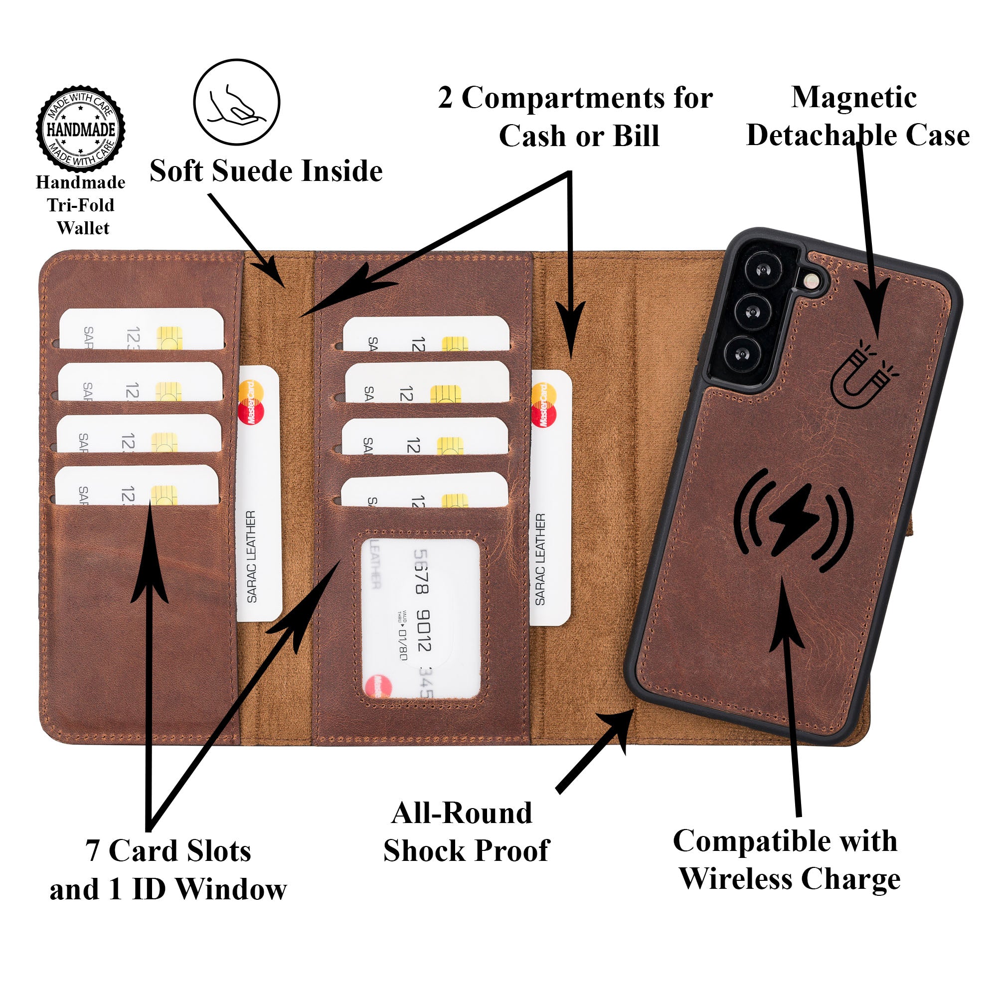 Santa Magnetic Detachable Leather Wallet Case for Samsung Galaxy S22 Plus (6.6") - BROWN