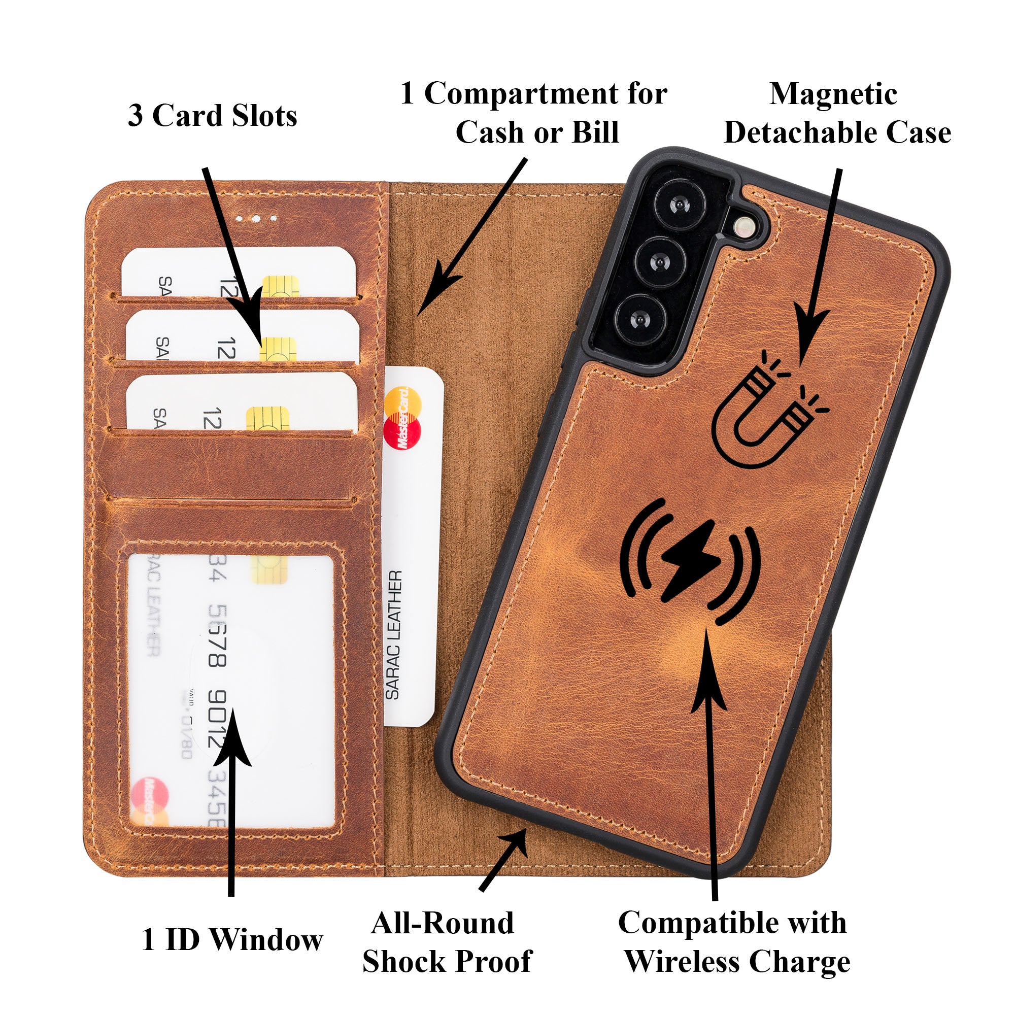 Liluri Magnetic Detachable Leather Wallet Case for Samsung Galaxy S22 Plus (6.6") - TAN