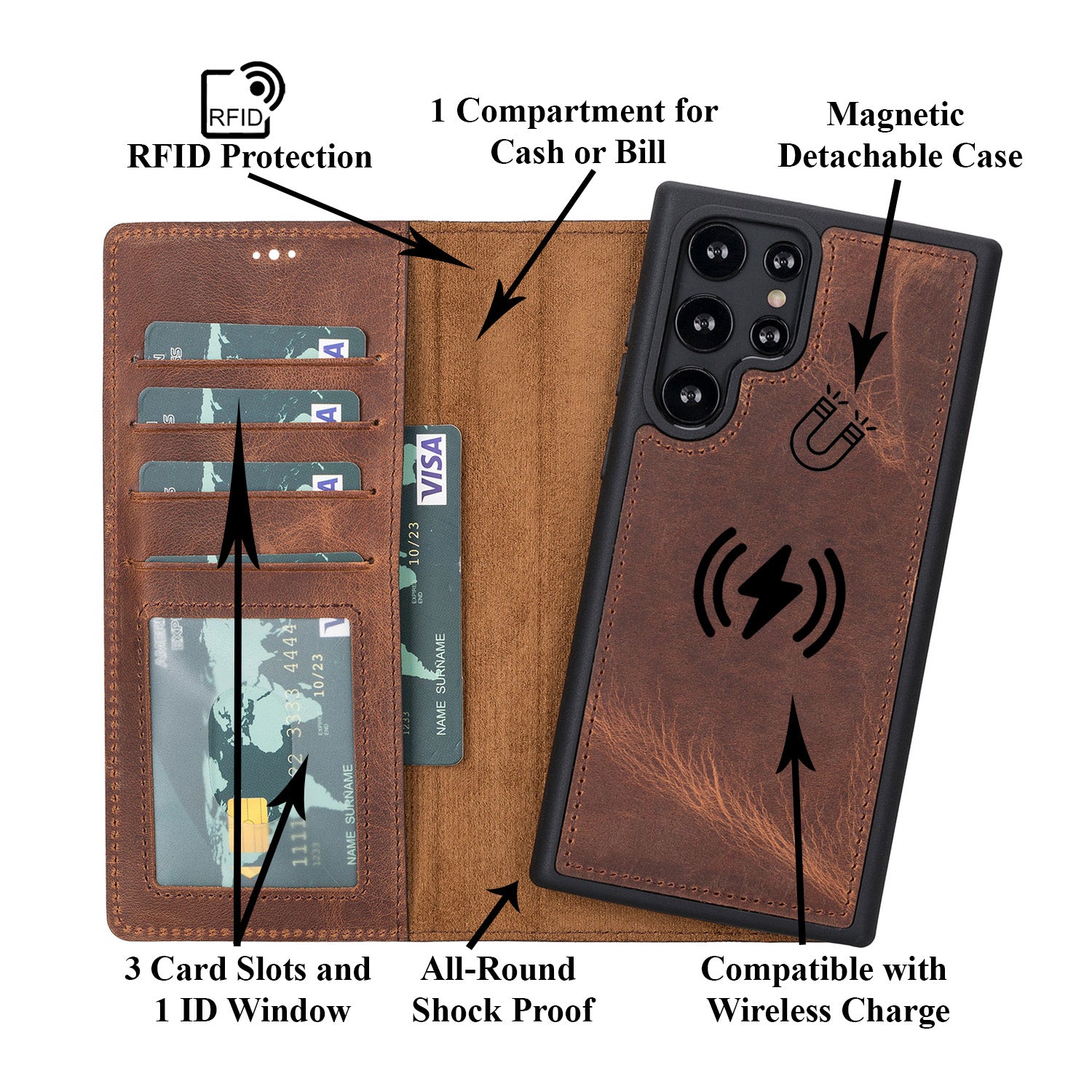 Magic Magnetic Detachable Leather RFID Blocker Wallet Case for Samsung Galaxy S22 Ultra (6.8") - BROWN