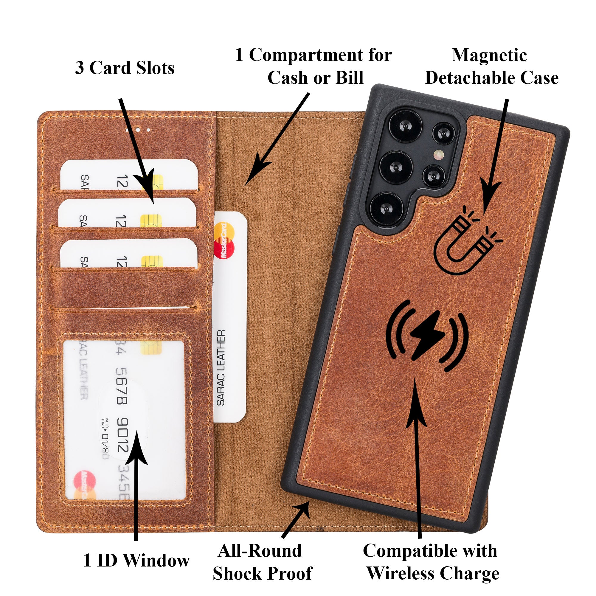 Liluri Magnetic Detachable Leather Wallet Case for Samsung Galaxy S22 Ultra (6.8") - TAN