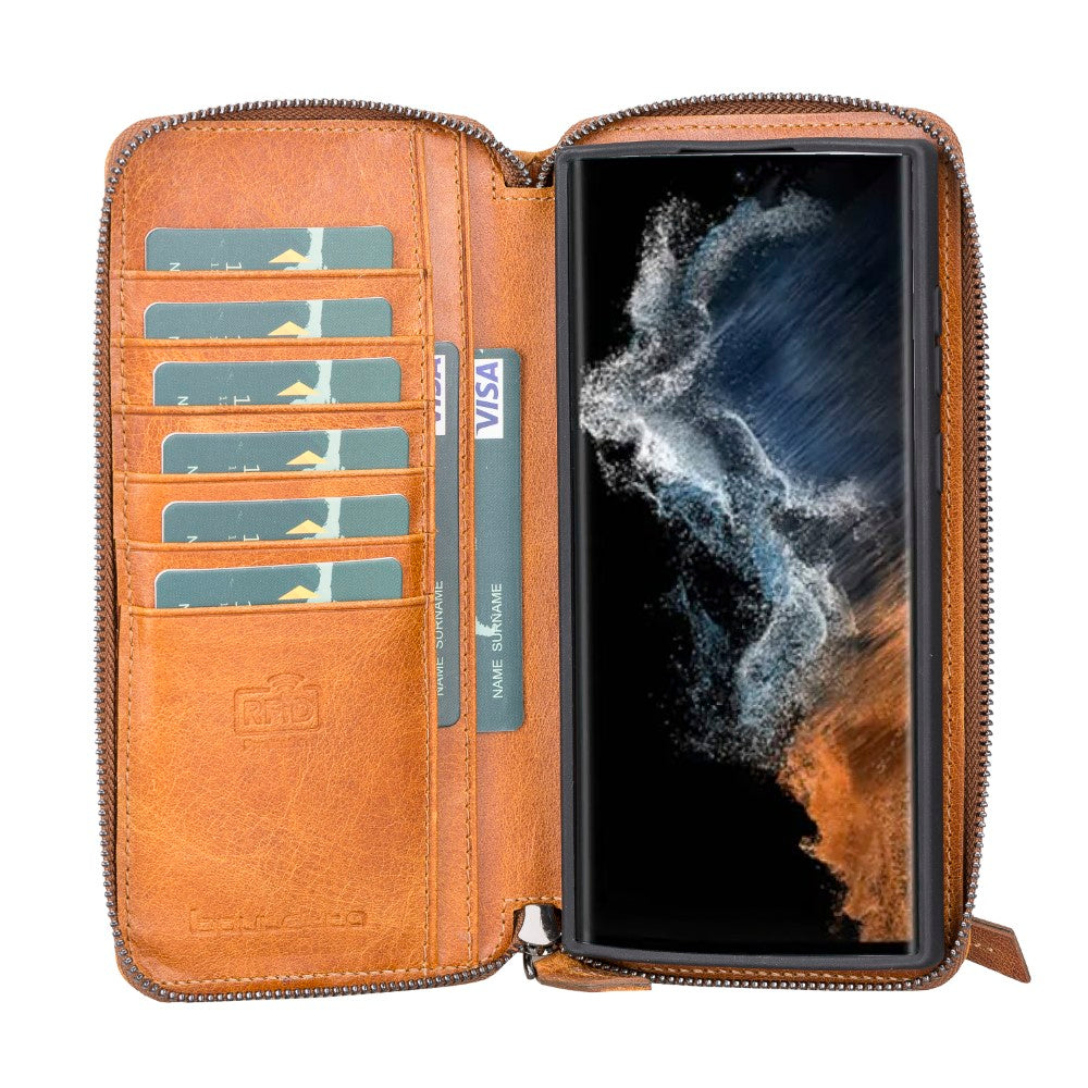 Pouch Magnetic Detachable Leather Wallet Case with RFID for Samsung Galaxy S22 Ultra (6.8") - TAN