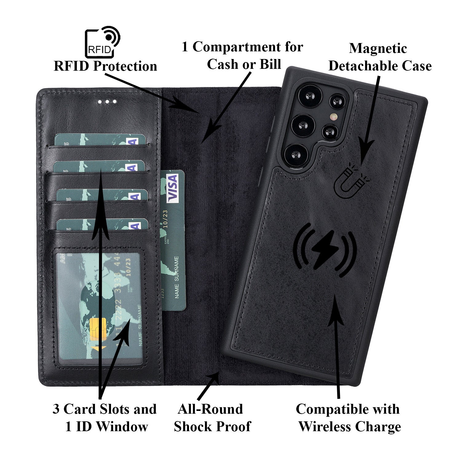 Magic Magnetic Detachable Leather RFID Blocker Wallet Case for Samsung Galaxy S22 Ultra (6.8") - BLACK