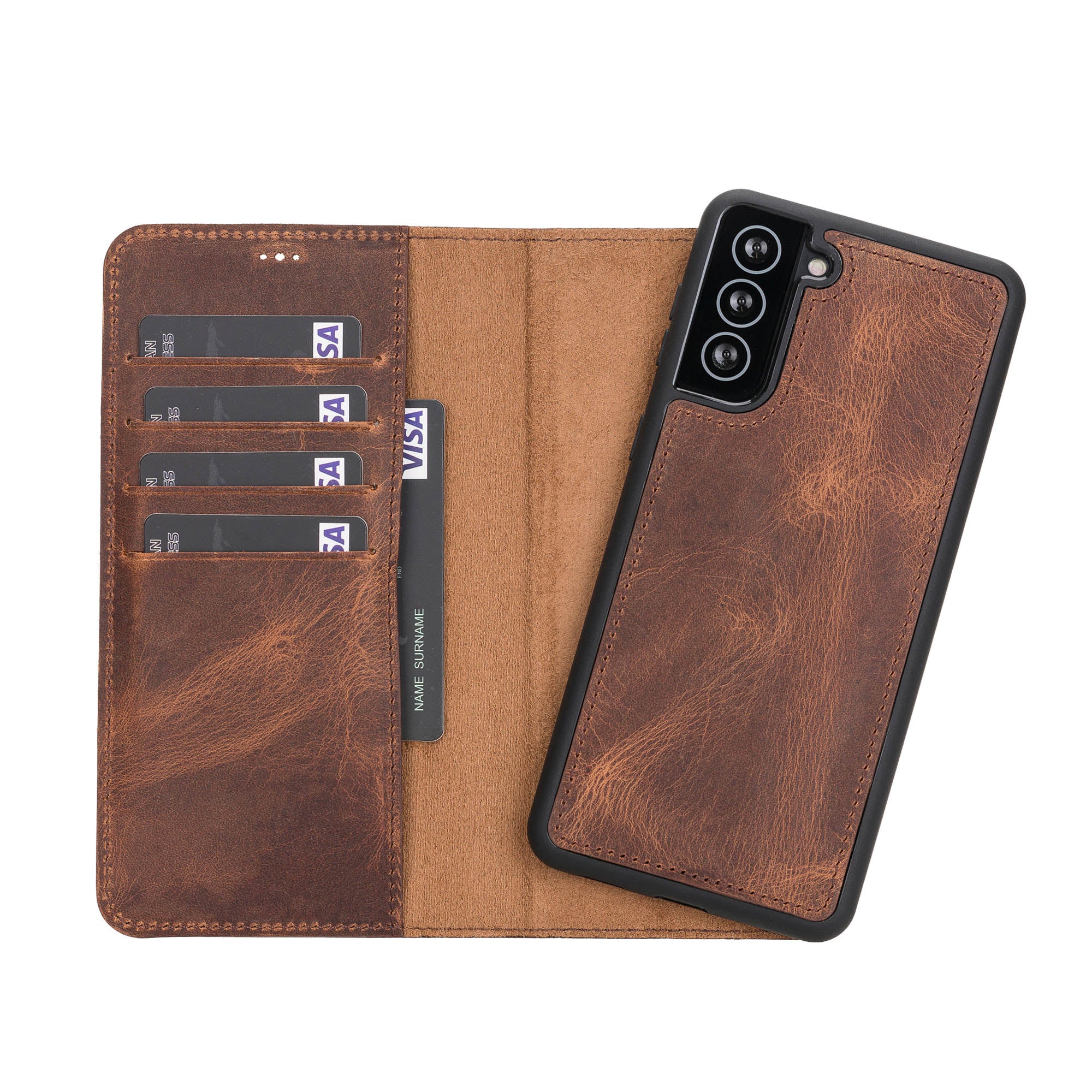 Magic Magnetic Detachable Leather Wallet Case for Samsung Galaxy S21 Plus 5G (6.7") - BROWN - saracleather