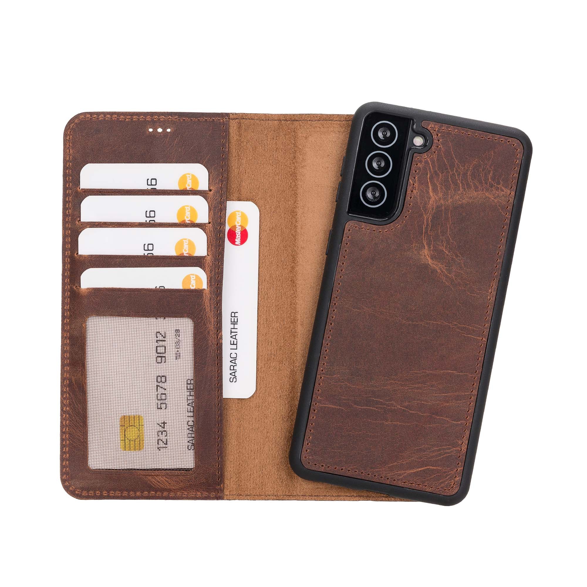 Liluri Magnetic Detachable Leather Wallet Case for Samsung Galaxy S21 Plus 5G (6.7") - BROWN - saracleather