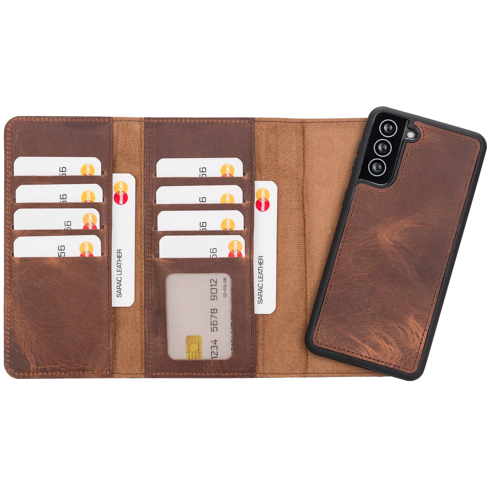 Santa Magnetic Detachable Leather Wallet Case for Samsung Galaxy S21 Plus 5G (6.7") - BROWN - saracleather