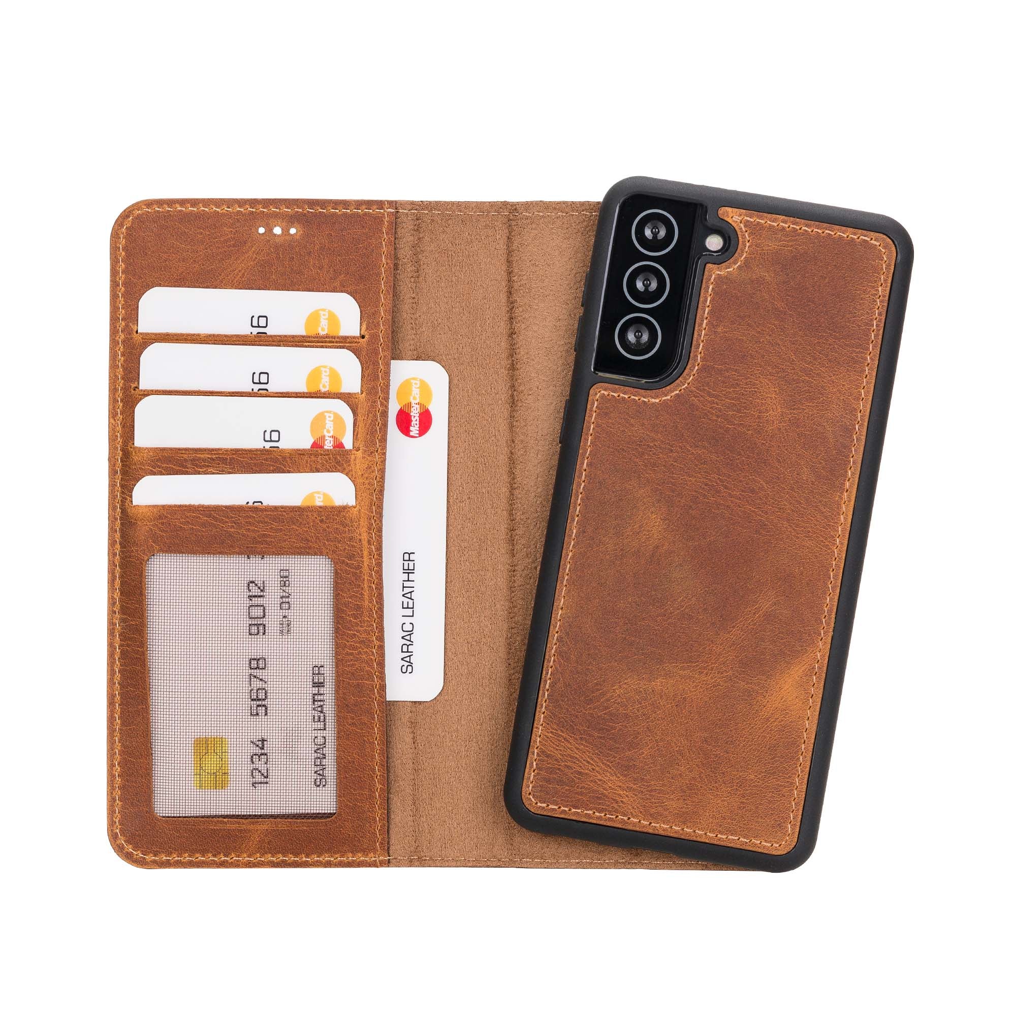 Liluri Magnetic Detachable Leather Wallet Case for Samsung Galaxy S21 Plus 5G (6.7") - TAN - saracleather