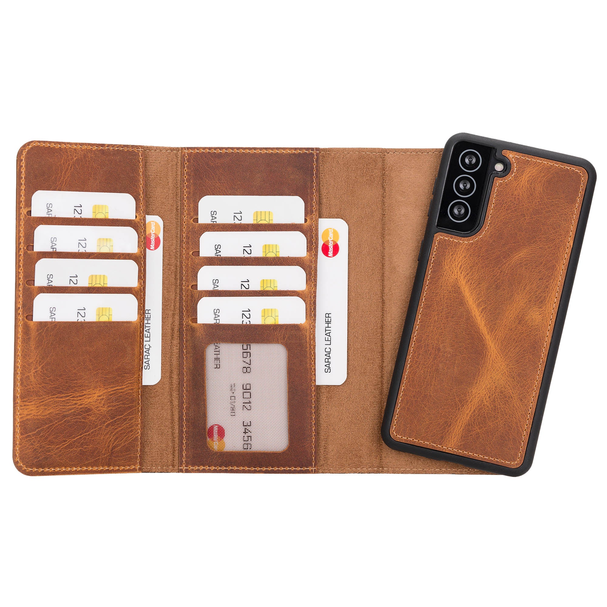 Santa Magnetic Detachable Leather Wallet Case for Samsung Galaxy S21 Plus 5G (6.7") - TAN - saracleather