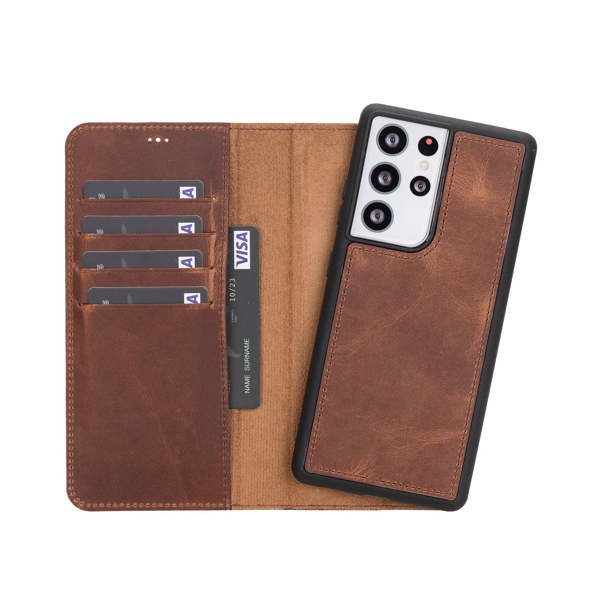 Magic Magnetic Detachable Leather Wallet Case for Samsung Galaxy S21 Ultra 5G (6.8") - BROWN - saracleather