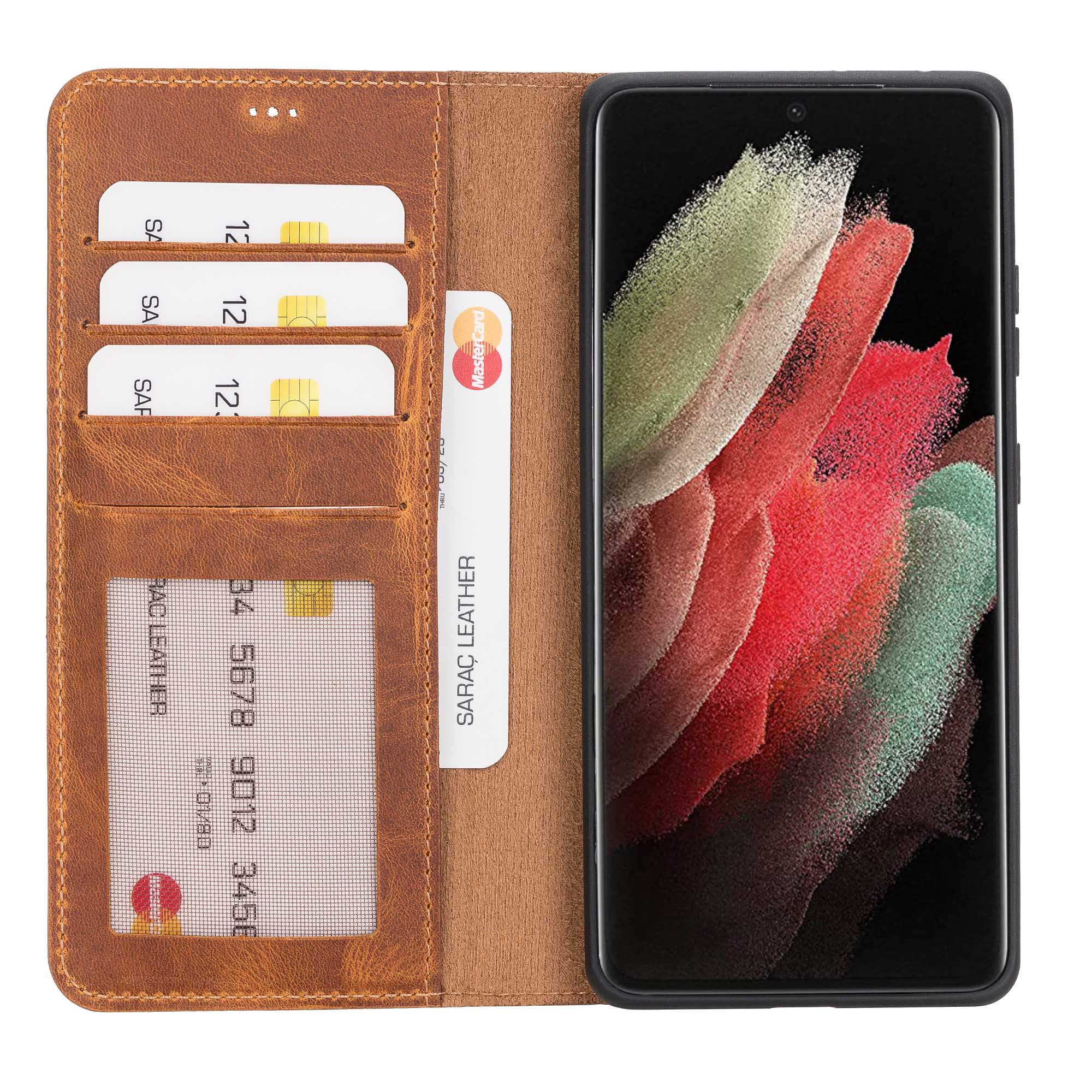 Liluri Magnetic Detachable Leather Wallet Case for Samsung Galaxy S21 Plus 5G (6.7") - TAN - saracleather