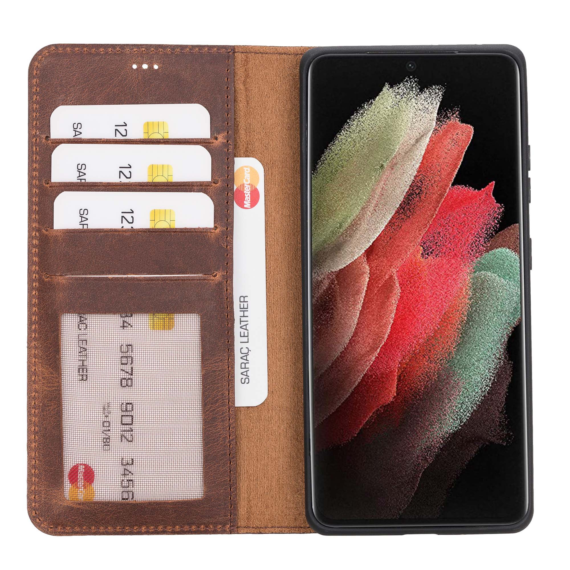 Liluri Magnetic Detachable Leather Wallet Case for Samsung Galaxy S21 Plus 5G (6.7") - BROWN - saracleather