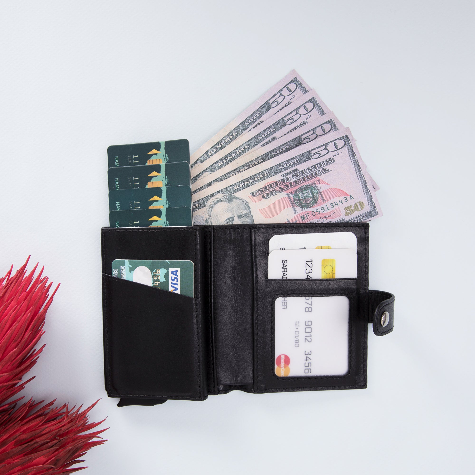 Palermo RFID Blocker Mechanism Pop Up Leather Wallet - BLACK - saracleather