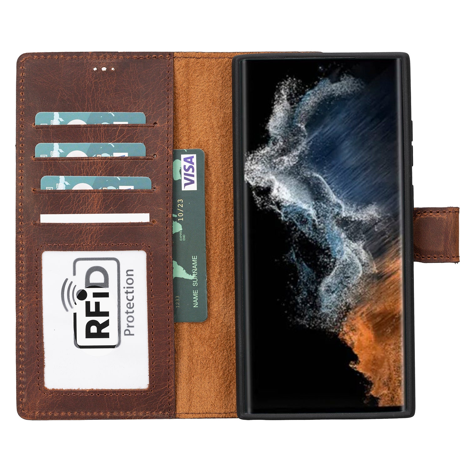 Magic Magnetic Detachable Leather RFID Blocker Wallet Case for Samsung Galaxy S23 Ultra (6.8") - BROWN