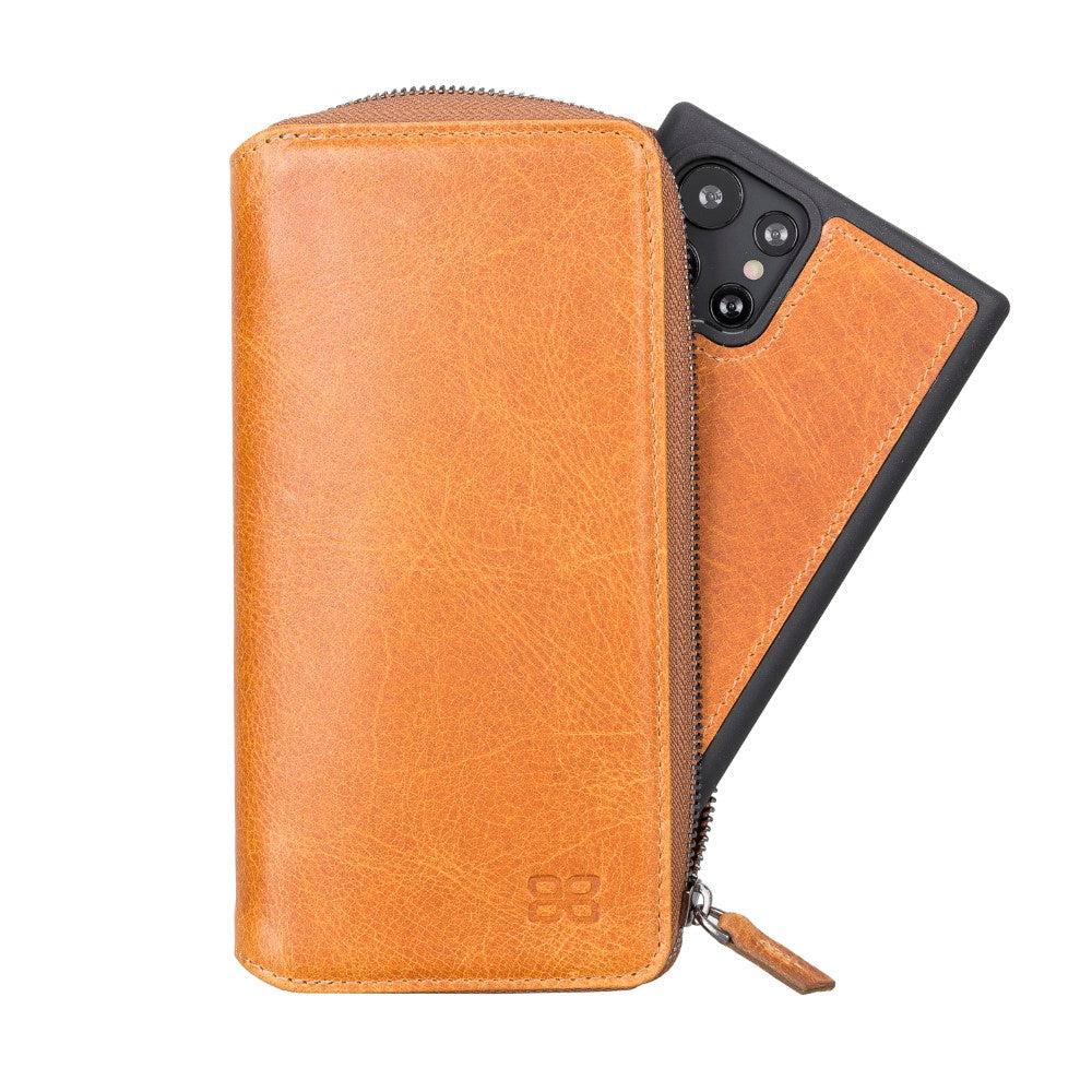 Pouch Magnetic Detachable Leather Wallet Case with RFID for Samsung Galaxy S22 Ultra (6.8") - TAN